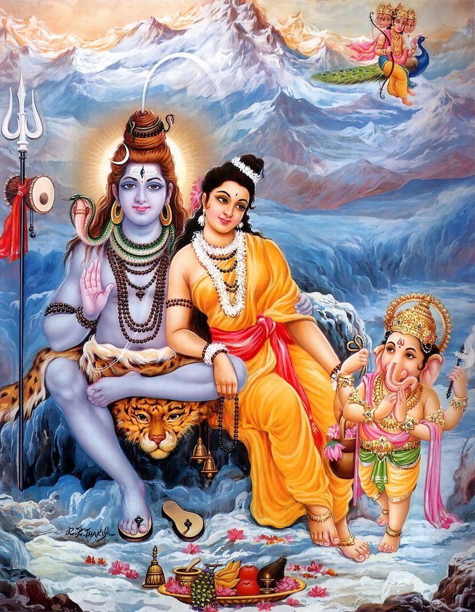 Pintura mostra Shiva, Parvati e o pequeno Ganesha